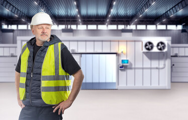 Man contractor near industrial refrigerator. Cold storage in container behind guy. Man in yellow vest inside industrial hangar. Person foreman for setting up cold storage warehouse. Freezer room