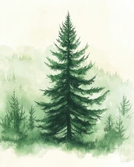 Fototapeta premium Majestic Green Pine Tree in Serene Watercolor Forest Landscape