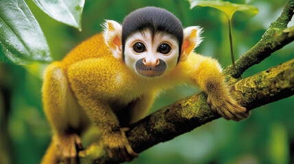 Obraz premium A squirrel monkey sitting on the branch of tree in rainforest background