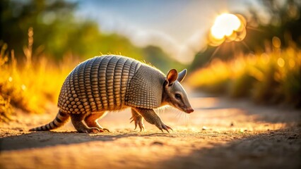 Obraz premium Nine-banded Armadillo Walking at Sunset on a Sandy Path, Illuminated by Golden Hour Light