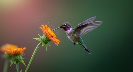 Fototapeta premium Beautiful hummingbird hovering next to a vibrant orange flower in a natural setting during daylight Generative AI