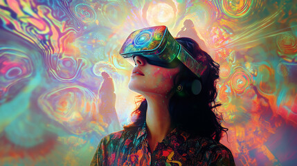 Naklejka premium woman wearing virtual reality glasses with colorful light background 