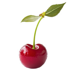 Single Red Cherry with Green Leaf on Transparent PNG Background