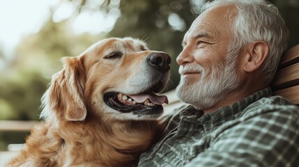 A joyful moment captured between a senior man and his golden retriever, both sharing warmth and happiness while embracing the tranquility of nature together.