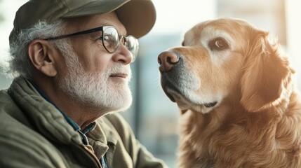 An elderly gentleman enjoys a heartwarming moment with his golden retriever in an urban setting, portraying the bond of love and happiness between them amid city life.