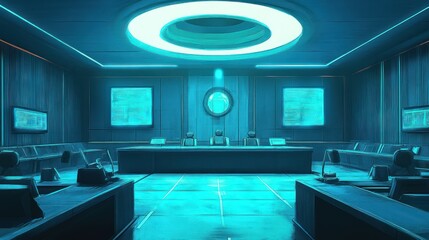 Futuristic, teal-lit boardroom.  Spacious, modern, and technologically advanced meeting hall
