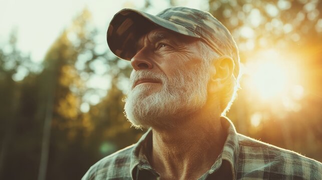 A contemplative elderly man gazes into the distance, surrounded by trees illuminated by the warm glow of the rising sun, symbolizing wisdom and peace in nature.