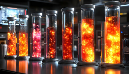 Glowing, vibrant substances in glass tubes, possibly a lab setting, showcasing various stages of a process or experiment