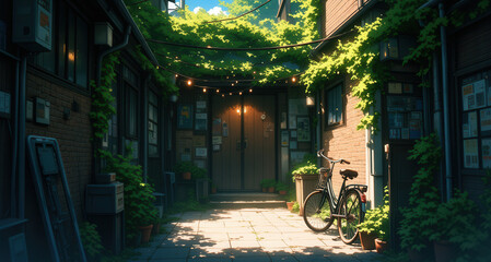 Fototapeta premium anime wallpaper illustration background, Charming Vintage Entrance with Ivy-Covered Walls and a Bicycle .