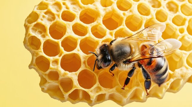 Close-up of a bee on honeycomb structure.