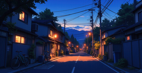 Fototapeta premium anime wallpaper illustration, Tranquil Suburban Street at Dusk with Warm House Lights and Street Lamps..