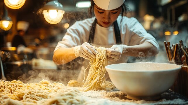 Artisan Chef Crafting Handmade Noodles in a Traditional Kitchen Setting