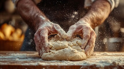 Fototapeta premium Artisan Baker Kneading Dough with Flour on Wooden Countertop, Culinary Craftsmanship in Action