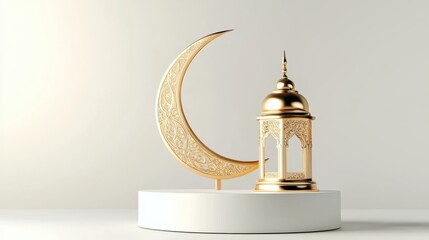 Golden crescent moon and lantern display for ramadan celebration contemporary setting artistic arrangement islamic culture
