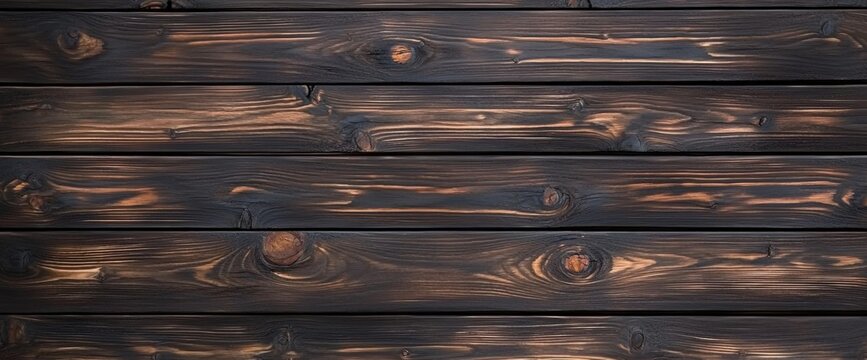 Close-up of a wooden planks background showcasing a unique burned wood ash pattern texture evoking rustic charm