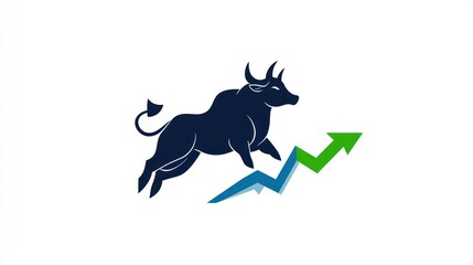 Obraz premium Bull charges up rising financial arrow, symbolizing investment growth, profit on white background, financial analysis