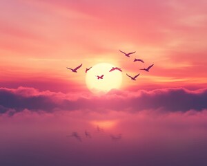 Obraz premium Abstract horizon with glowing light, vibrant summer dawn with birds soaring freely