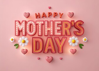 Happy Mother Day and special card. Colorful Mother's Day greeting with flowers and hearts on a pink background.