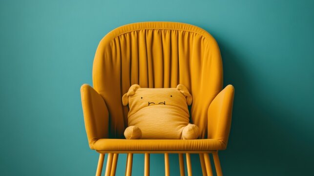 Cozy chair with playful pillow and vibrant wall.