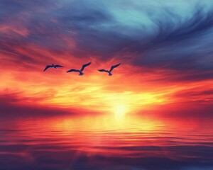 Obraz premium Abstract horizon with glowing light, vibrant summer dawn with birds soaring freely 