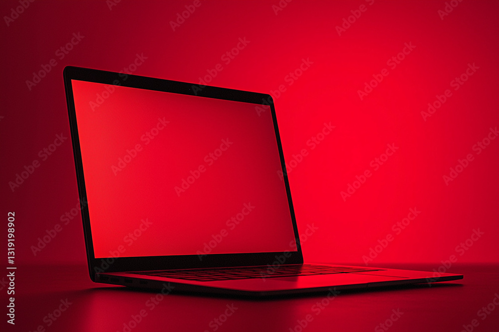 Poster modern laptop computer red screen background technology image web clean style device gadget design
