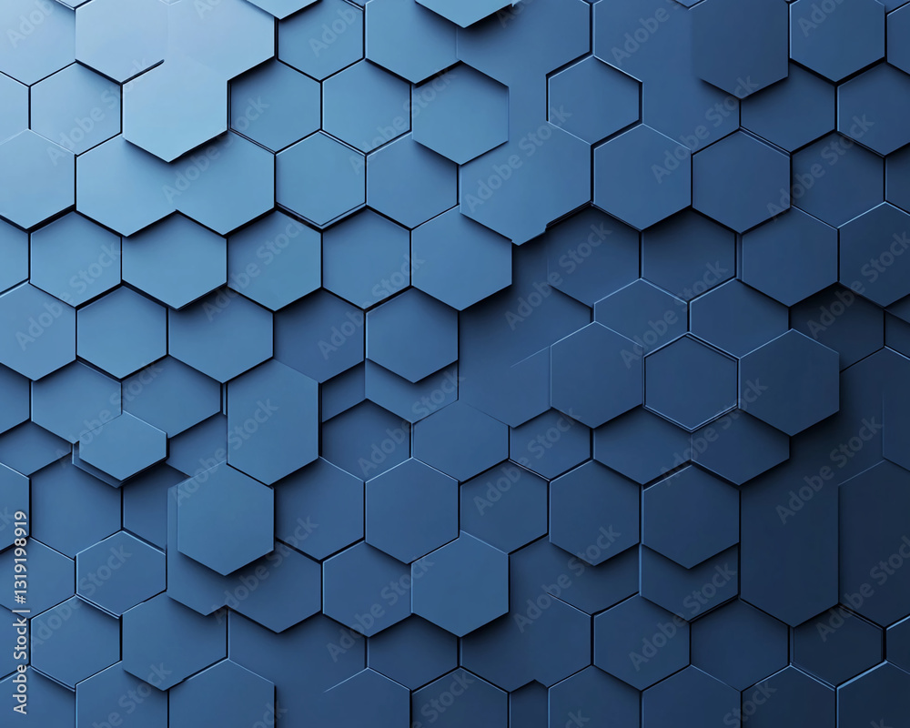 Poster Abstract background of overlapping blue hexagons creating a three-dimensional effect, showcasing a modern and geometric design, ideal for tech or corporate themes