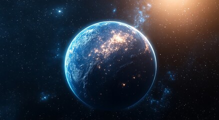 Obraz premium A blue planet with a bright orange sun in the background. Blue planet Earth with starlight and sun in the space background.