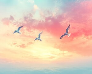 Fototapeta premium Abstract pastel-colored sky, gentle sunrise tones, birds flying in harmony