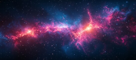 Naklejka premium A long space with many stars and a pink line. A stunning nebula in the universe, with stars and dust clouds forming intricate patterns against an expansive background of deep space.