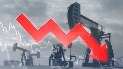 Oil crisis. Falling income from petroleum. Down arrow and oil pumps. Crisis chart symbolizes...