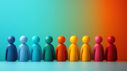 Colorful Wooden Figures Arranged in a Line Against a Gradient Background from Blue to Orange