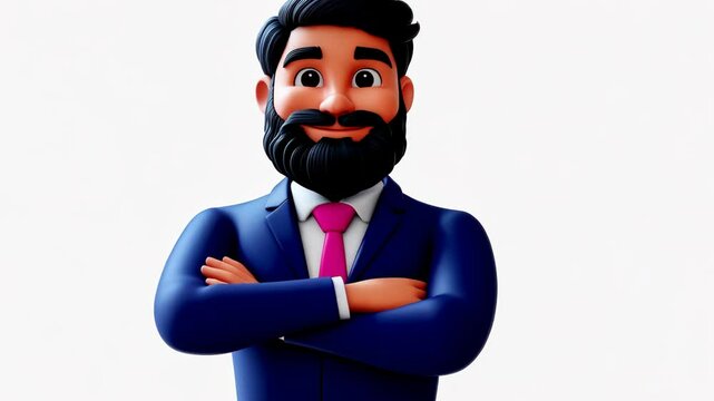 Confident man in a suit with a beard posing against a white background showcasing modern digital illustration style