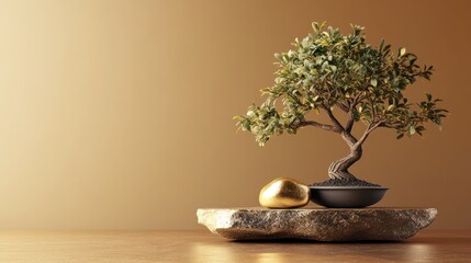 Fototapeta premium bonsai tree and gold stone on a brown background.