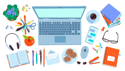 Top view flat lay vector illustration set of workplace with laptop