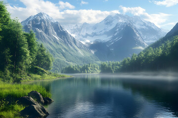 Fototapeta premium A pristine alpine lake nestled between lush forests and rugged mountain peaks