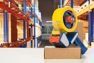 Dispenser with tape near box. Packaging goods in warehouse. Dispenser with tape on table in storage...