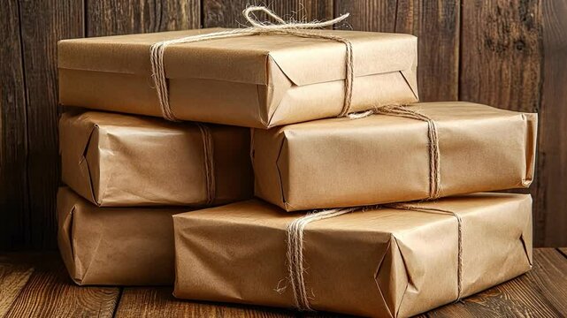 Rustic Gift Packages Stacked Wrapped Brown Cardboard on Wooden Surface with Twine for Charming Storage and Holiday Celebrations