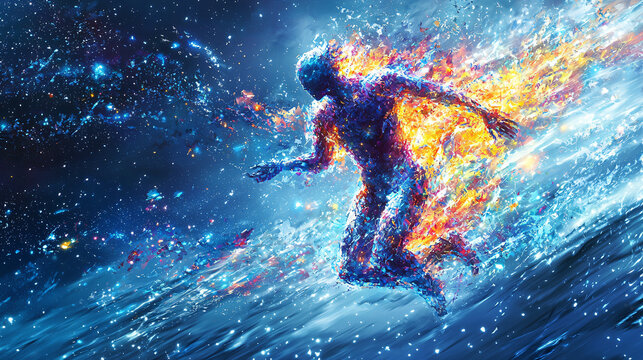 A human figure dissolving into cosmic energy, representing conscious evolution and metaphysical rebirth.