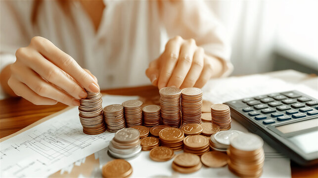 Close-up of hands stacking coins into growing columns beside calculator. Perfect visualization of financial planning, budget management, and investment growth concepts with space for text overlay.