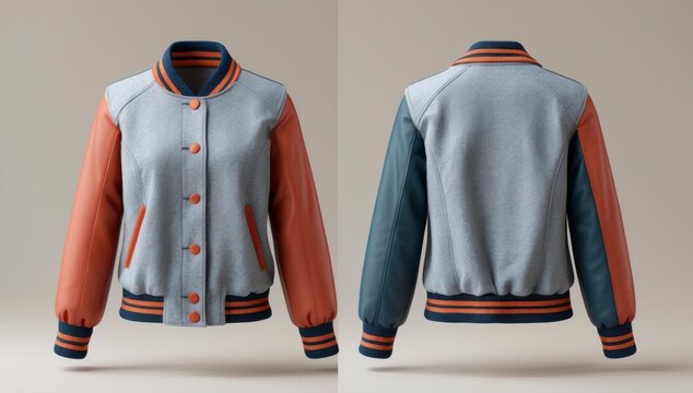 Grey Leather Sleeve Baseball Jacket Design