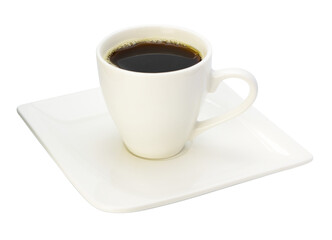 Black hot coffee in white ceramic cup with saucer isolated clipping path on white background.