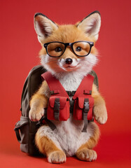 Obraz premium Cheerful fox cub with glasses and a tiny backpack sitting on a red background. Adventure, school life, learning, back to school, woodland theme.