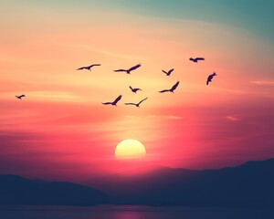 Fototapeta premium Artistic abstract summer sky, dreamy sunrise and scattered flock of birds