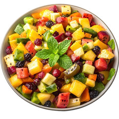 Colorful Fruit Salad in Bowl with Mint Garnish Transparent PNG Background