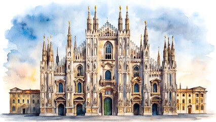 Fototapeta premium Elegant hand-drawn watercolor illustration of St. Milan Cathedral landscape painting, beautifully detailed with soft brushstrokes on a white background, perfect for art prints and decor.