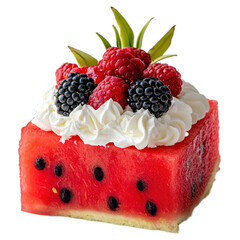Red Watermelon Cake Topped with Raspberries and Blackberries Transparent PNG Background