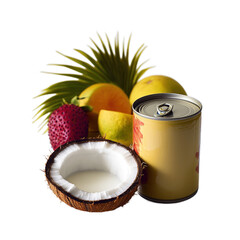 Tropical Fruits and Coconut Milk Can on Transparent PNG Background