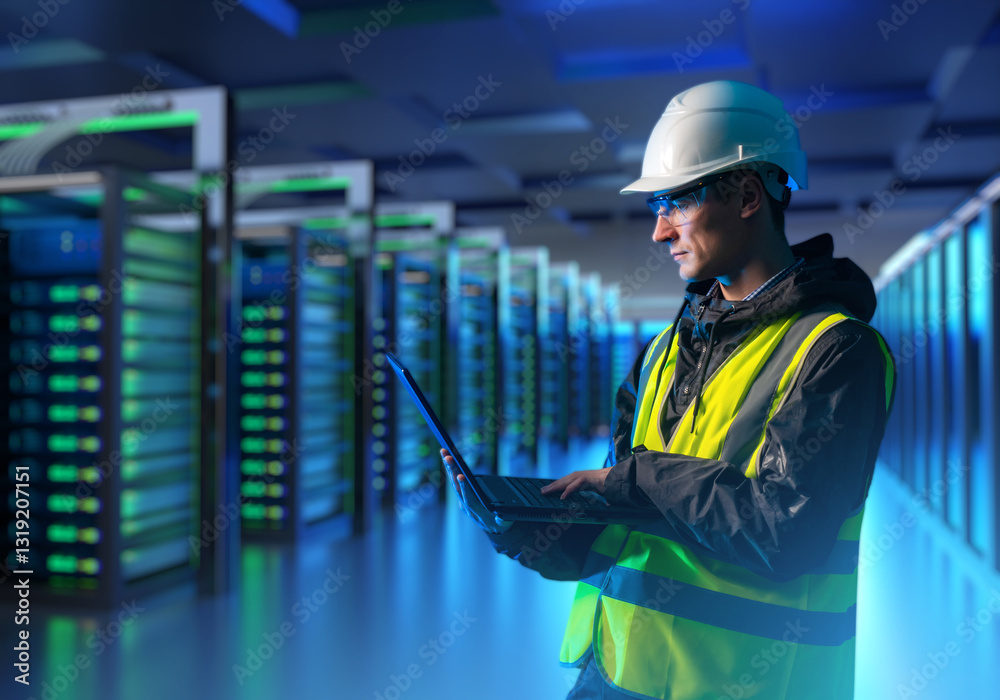 Poster man engineer inside data center. server racks behind guy with laptop. system administrator in yellow