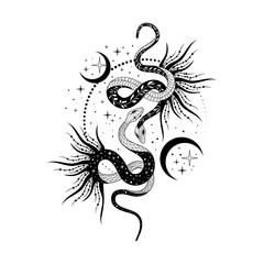 Intricate black and white snake art entwined with celestial elements