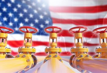 Gas pipes near US flag. Oil supplies from united states. Yellow gas pipes with financial charts....